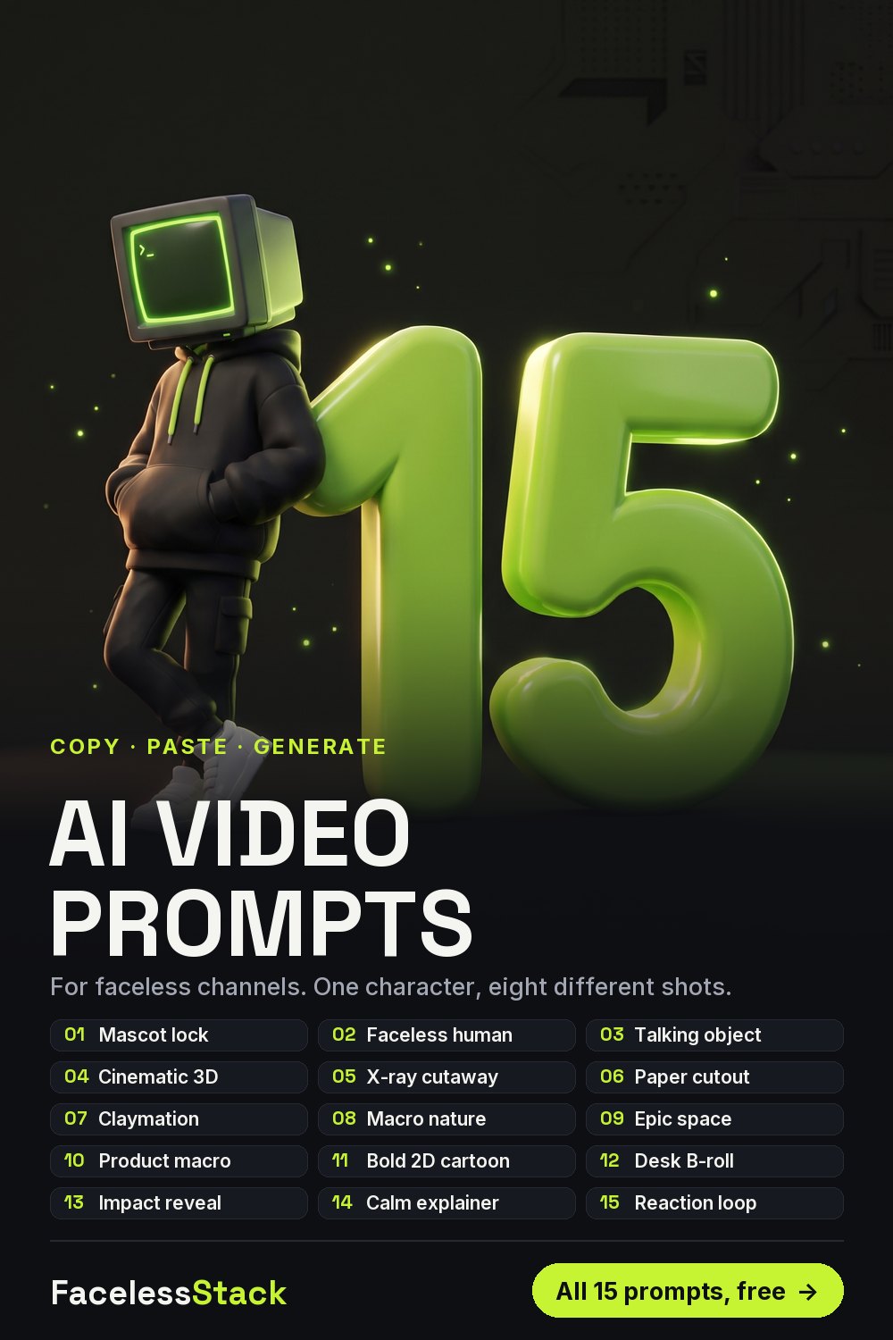 Glossy 3D number 15 with a monitor-headed character, listing 15 AI prompt templates for faceless videos.