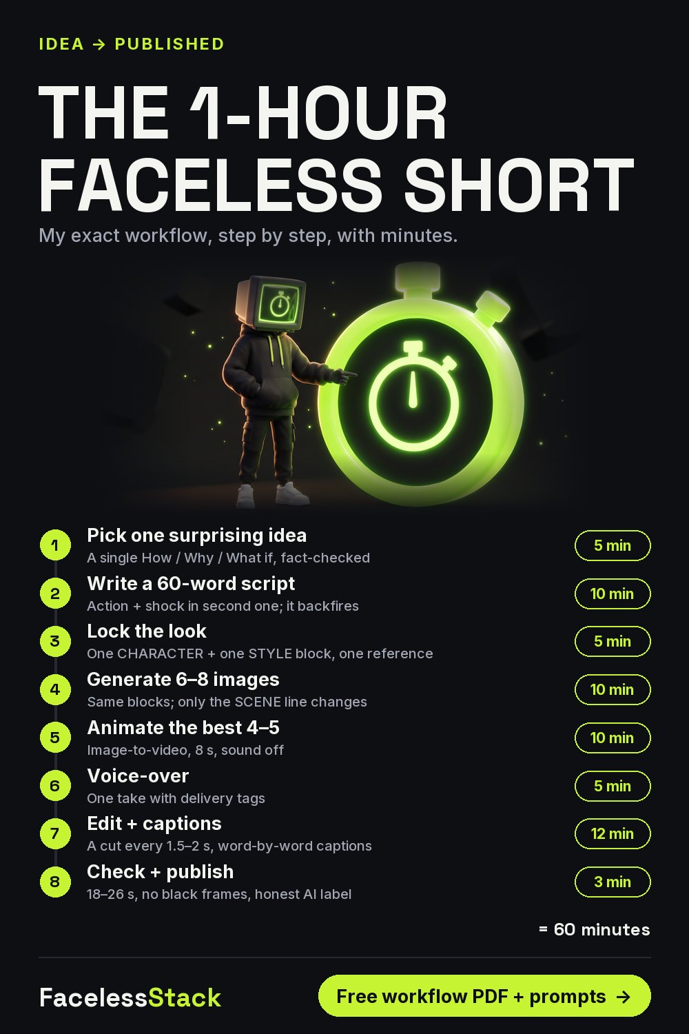 Timeline of 8 steps to make a faceless YouTube Short in one hour, with minutes per step adding up to 60.